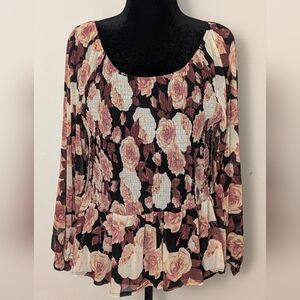 A Love Story New Peplum Blouse Sz Junior XL Floral Long Sleeve Colorful Chiffon
